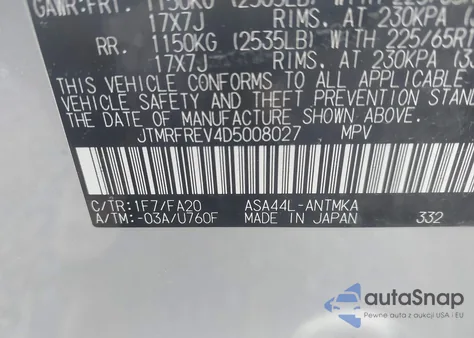 2013 Toyota Rav4 Xle z USA, uszkodzony, nr VIN JTMRFREV4D5008027